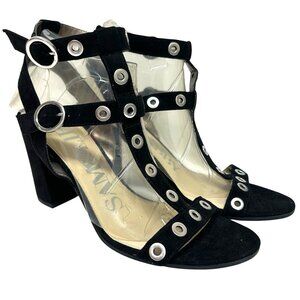 Sam & Libby Evita 9.5 Black Grommet Chunky Block Heel Sandals Faux Suede Party